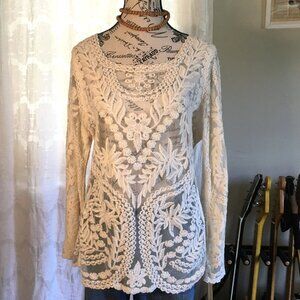 Express Ivory Sheer Lace Long Sleeve Top Whimsigoth Boho Women's Size L